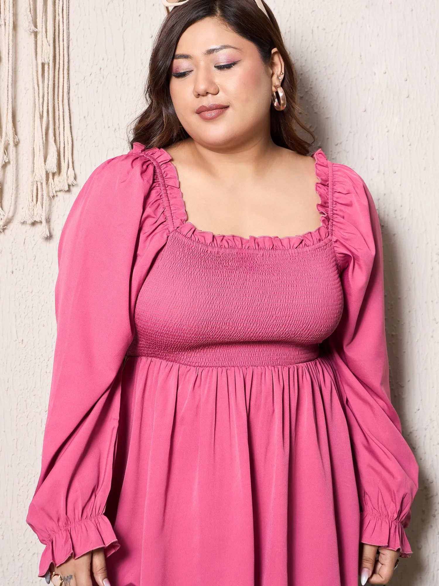 Berrylush Curve Pink Solid Square Neck Smocked A-Line Regular Top