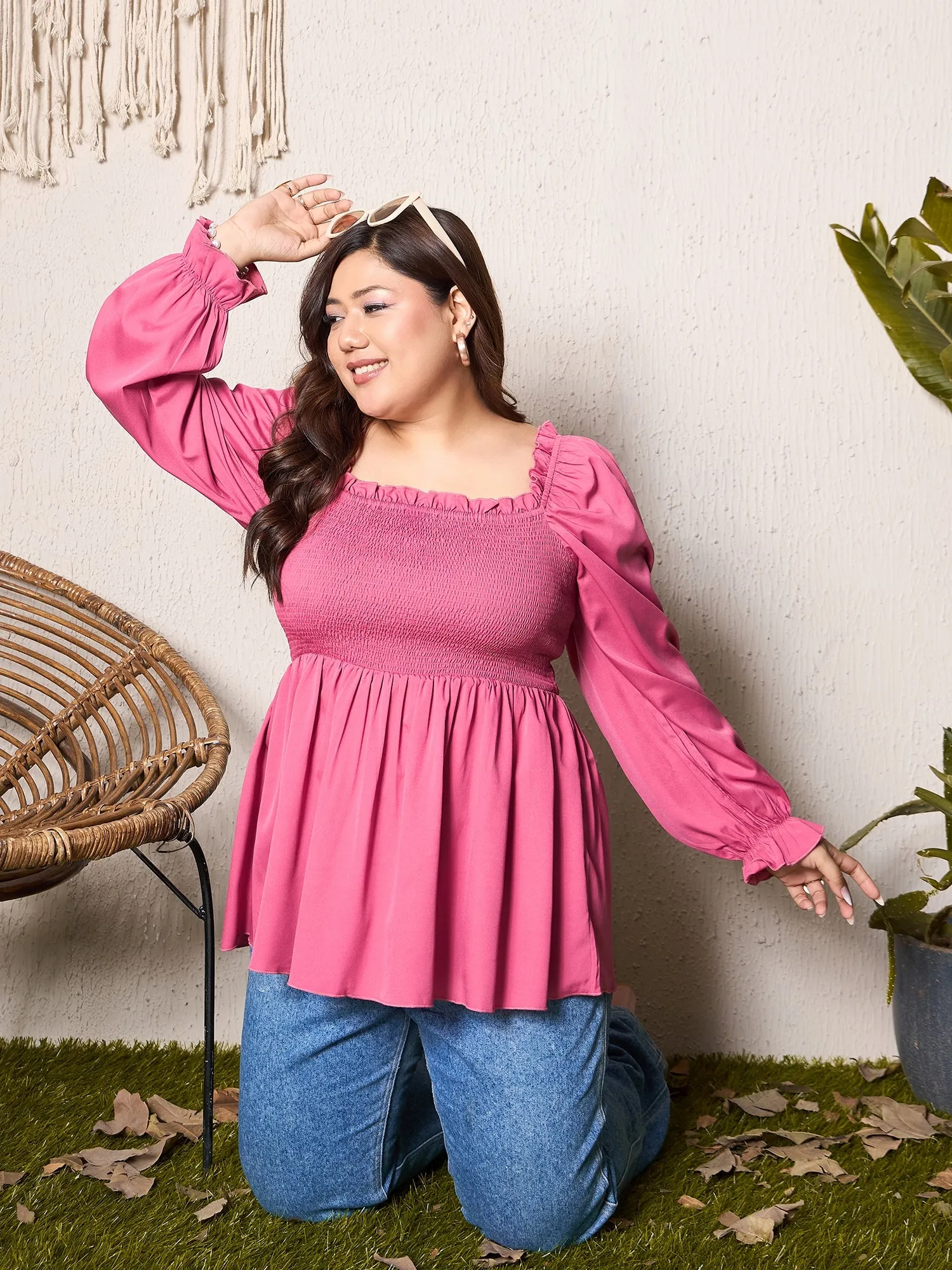 Berrylush Curve Pink Solid Square Neck Smocked A-Line Regular Top