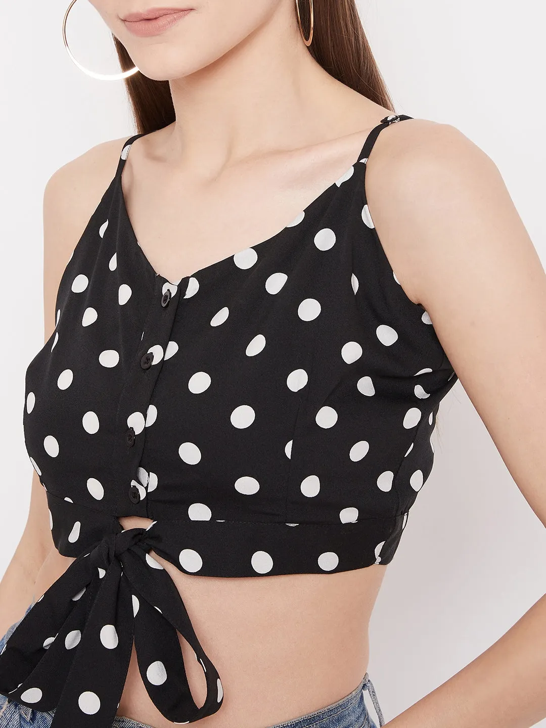 Berrylush Women Black Polka Dot Printed Crop Top