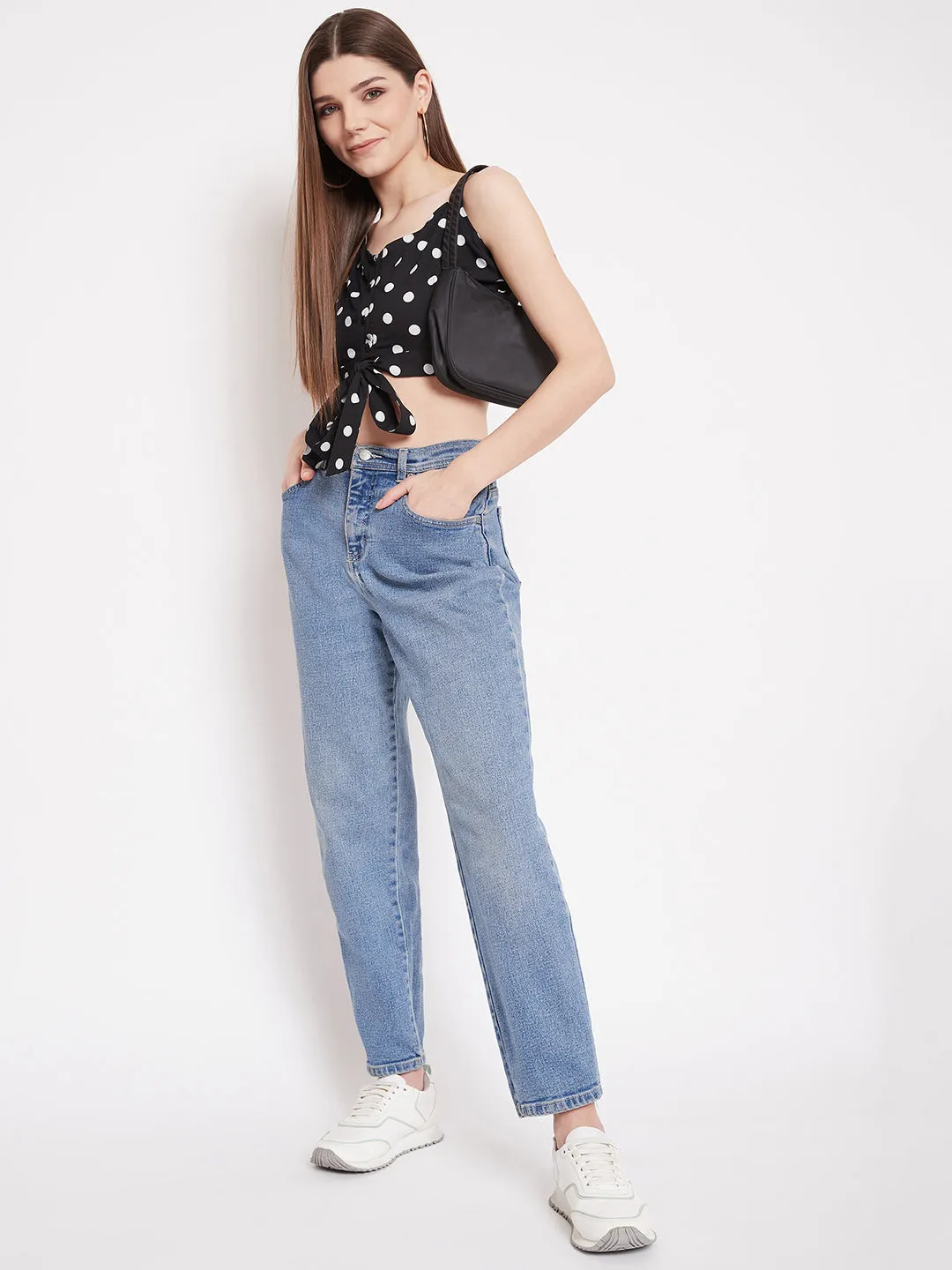 Berrylush Women Black Polka Dot Printed Crop Top