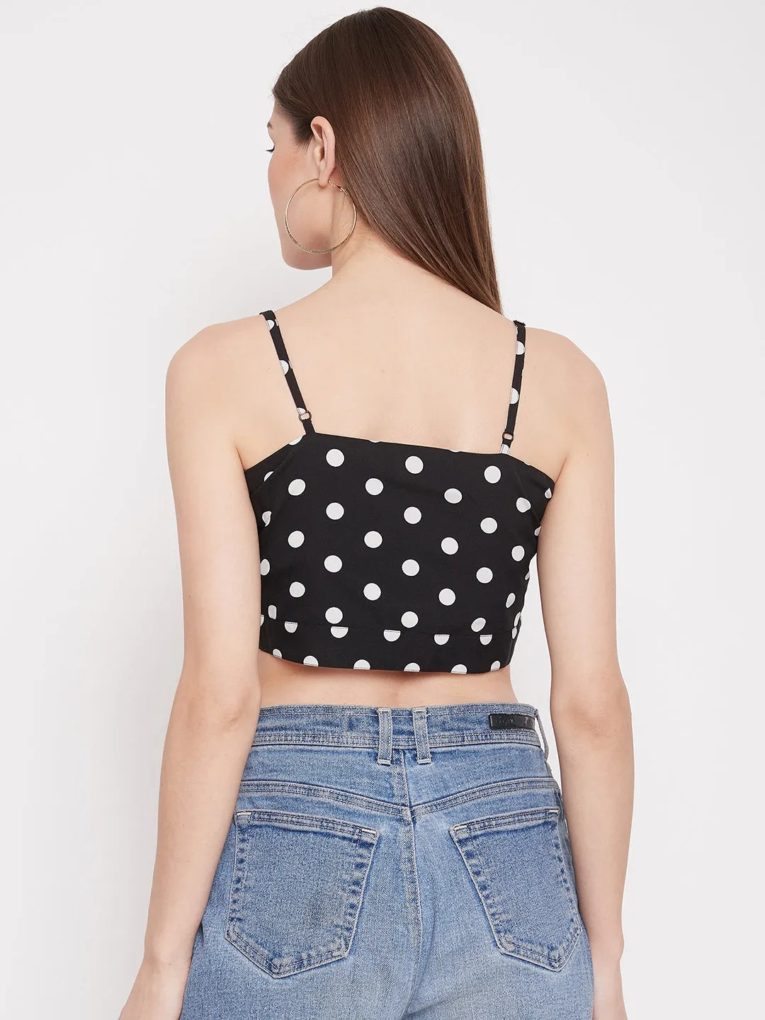 Berrylush Women Black Polka Dot Printed Crop Top