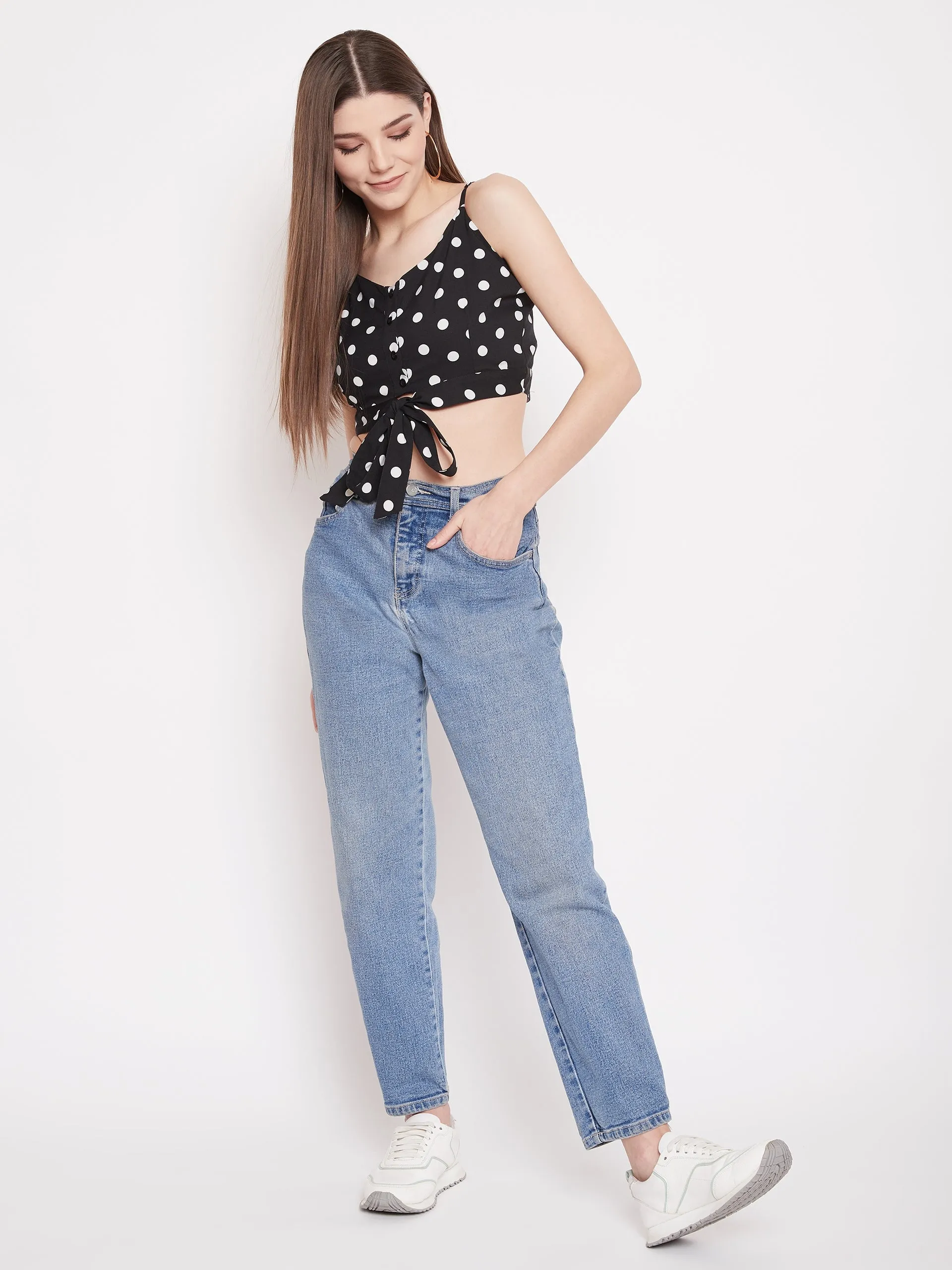 Berrylush Women Black Polka Dot Printed Crop Top