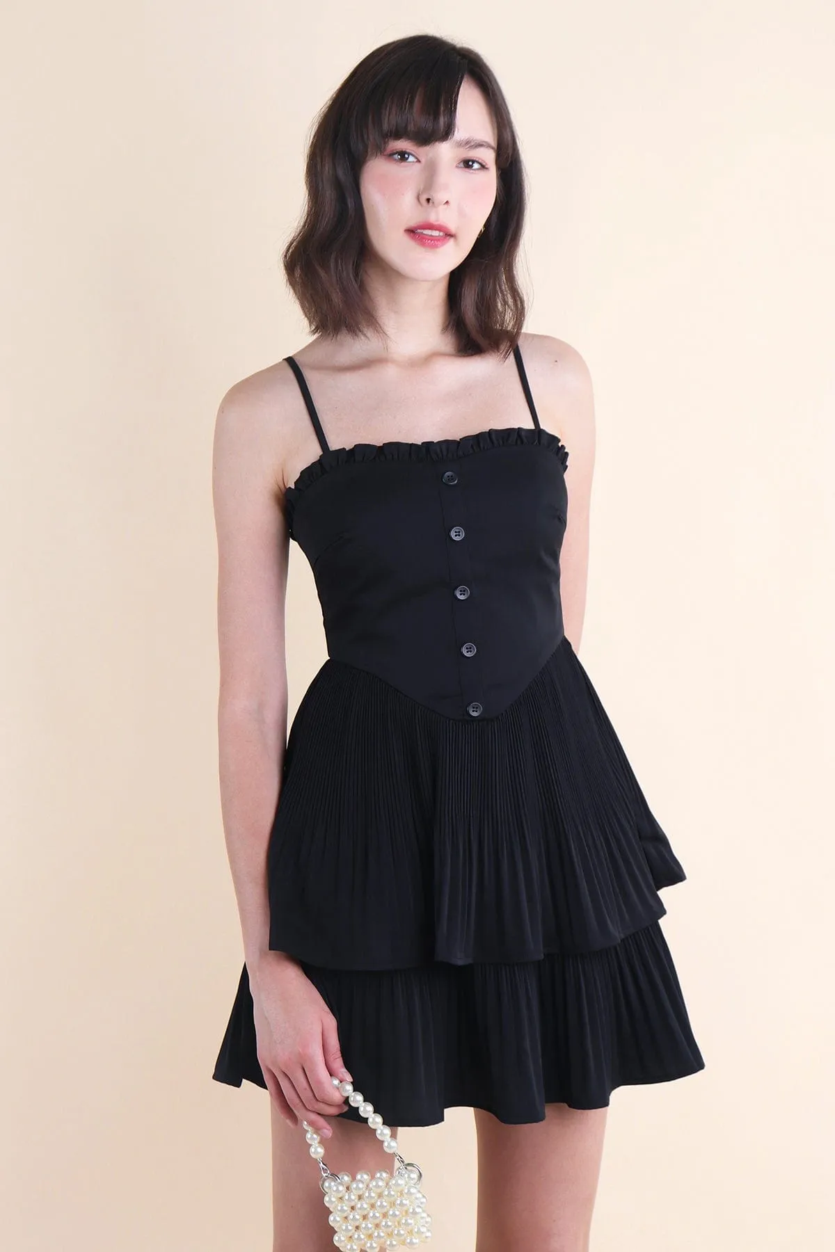 BEVELYN PLEATED MINI DRESS IN BLACK