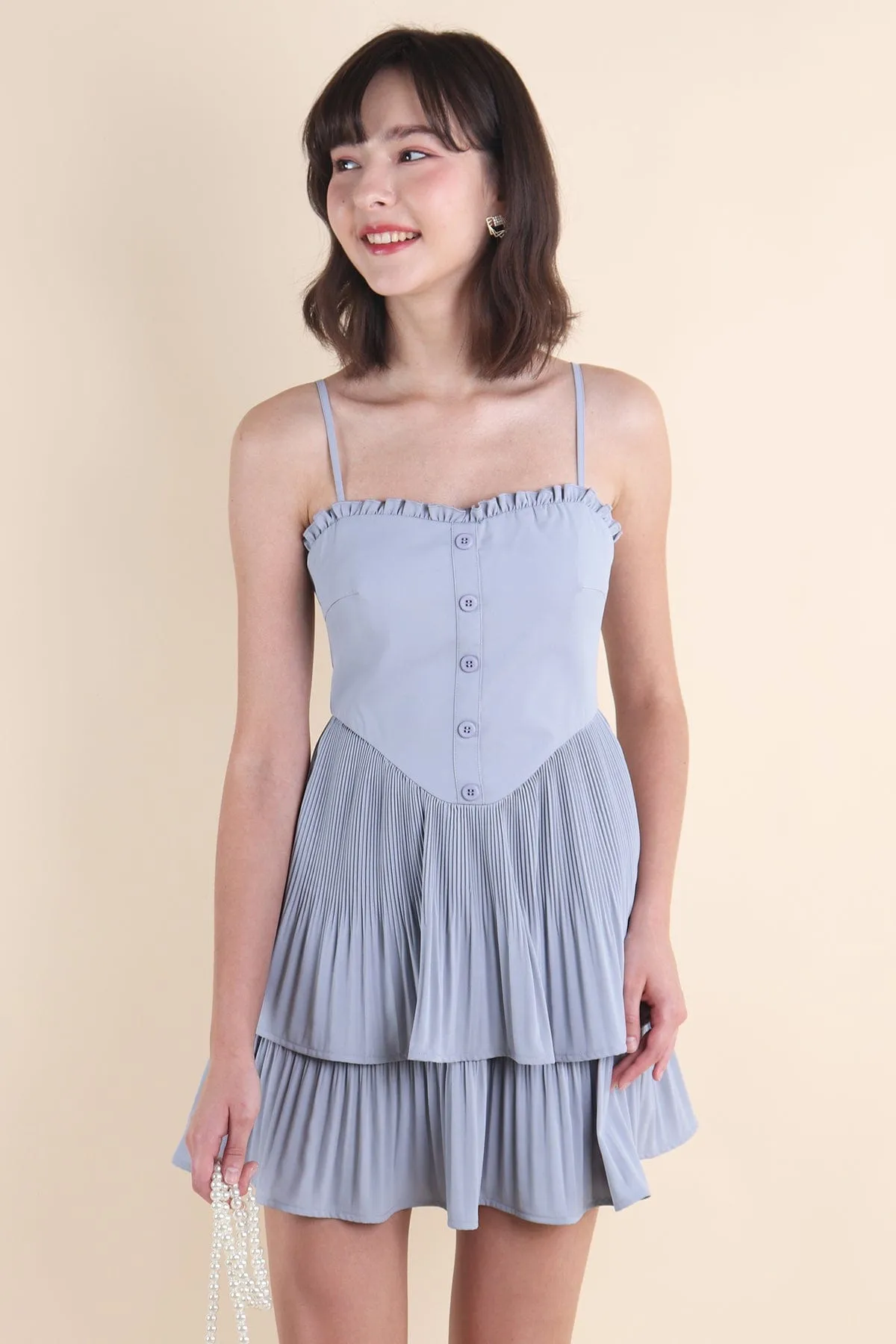 BEVELYN PLEATED MINI DRESS IN BLUE