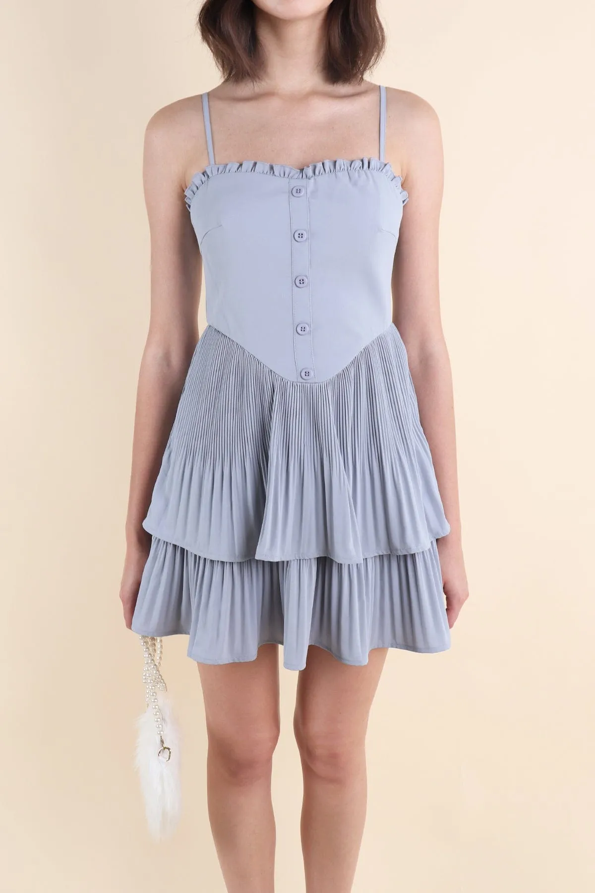 BEVELYN PLEATED MINI DRESS IN BLUE