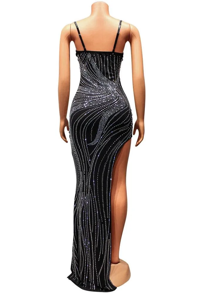 Beyprern Luxury Black Crystal Long Maxi Dress Gown Sparkle