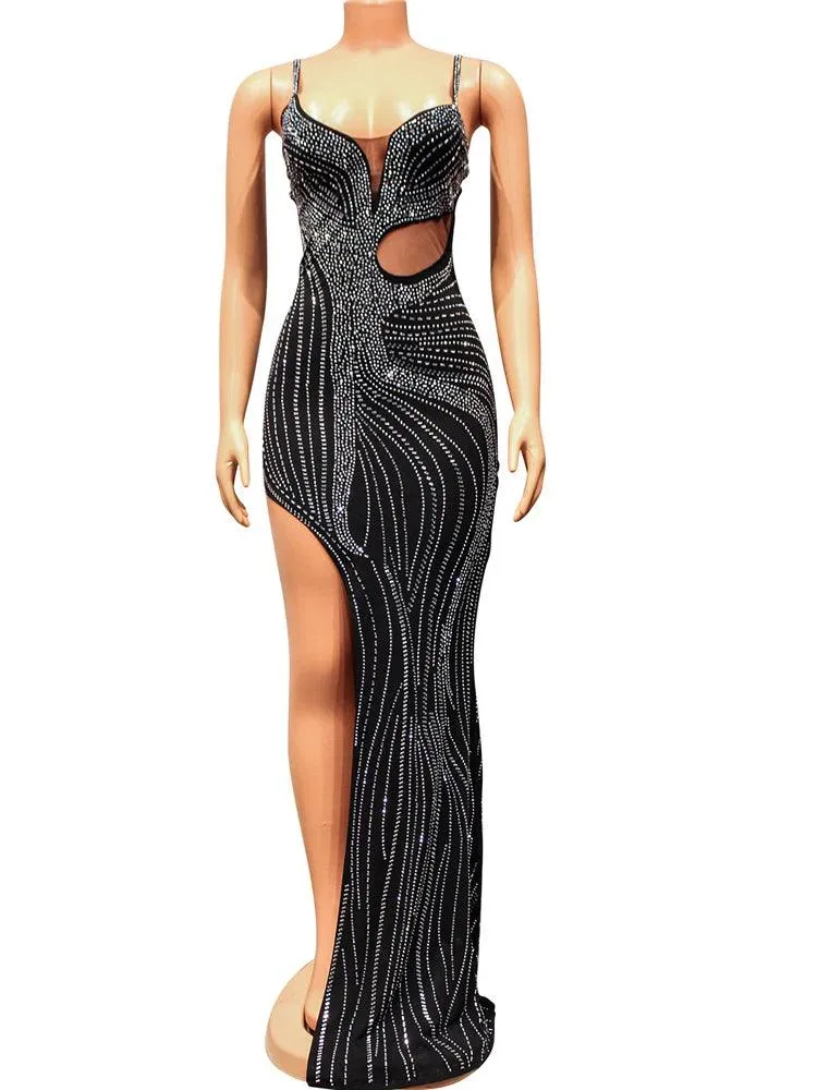 Beyprern Luxury Black Crystal Long Maxi Dress Gown Sparkle