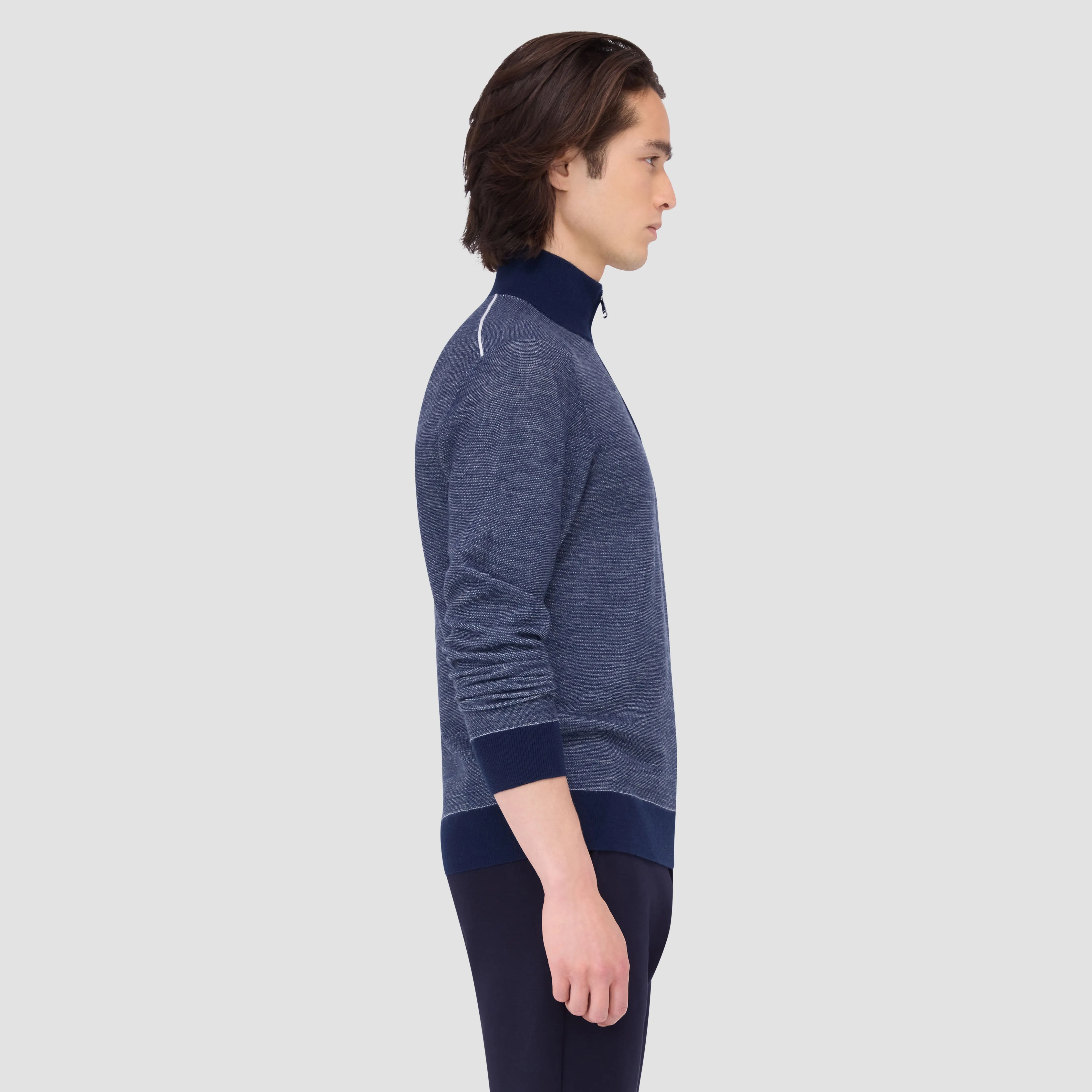 Bird's Eye Jacquard Quarter Zip Mock Neck Sweater