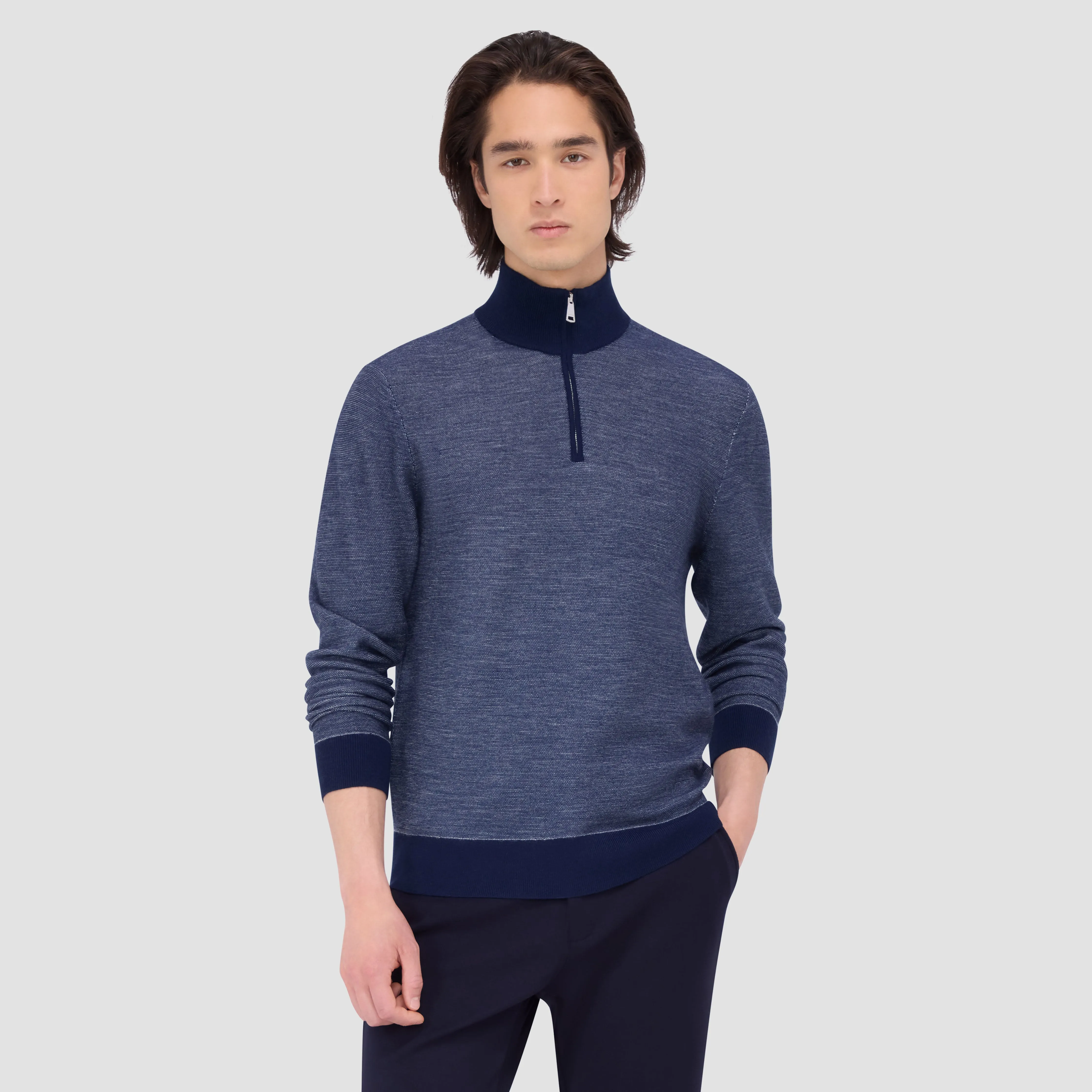 Bird's Eye Jacquard Quarter Zip Mock Neck Sweater