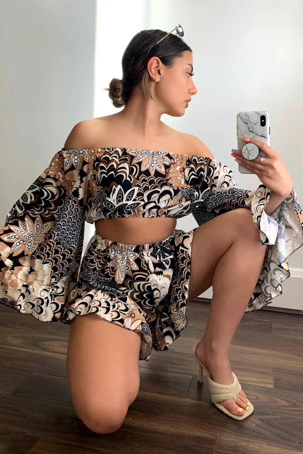 Black and Brown Patterned Bardot Bell Sleeve Crop Top and Shorts Co-ord Set