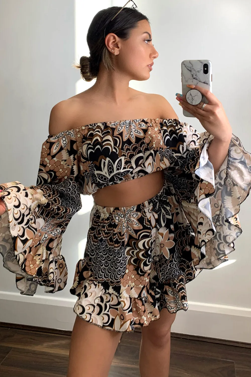 Black and Brown Patterned Bardot Bell Sleeve Crop Top and Shorts Co-ord Set