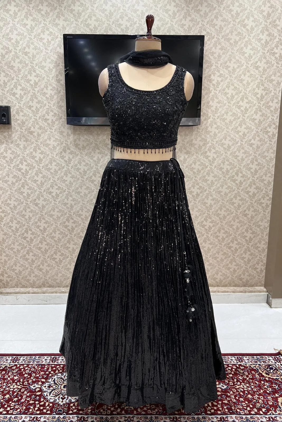 Black Beads and Sequins work Crop Top Lehenga