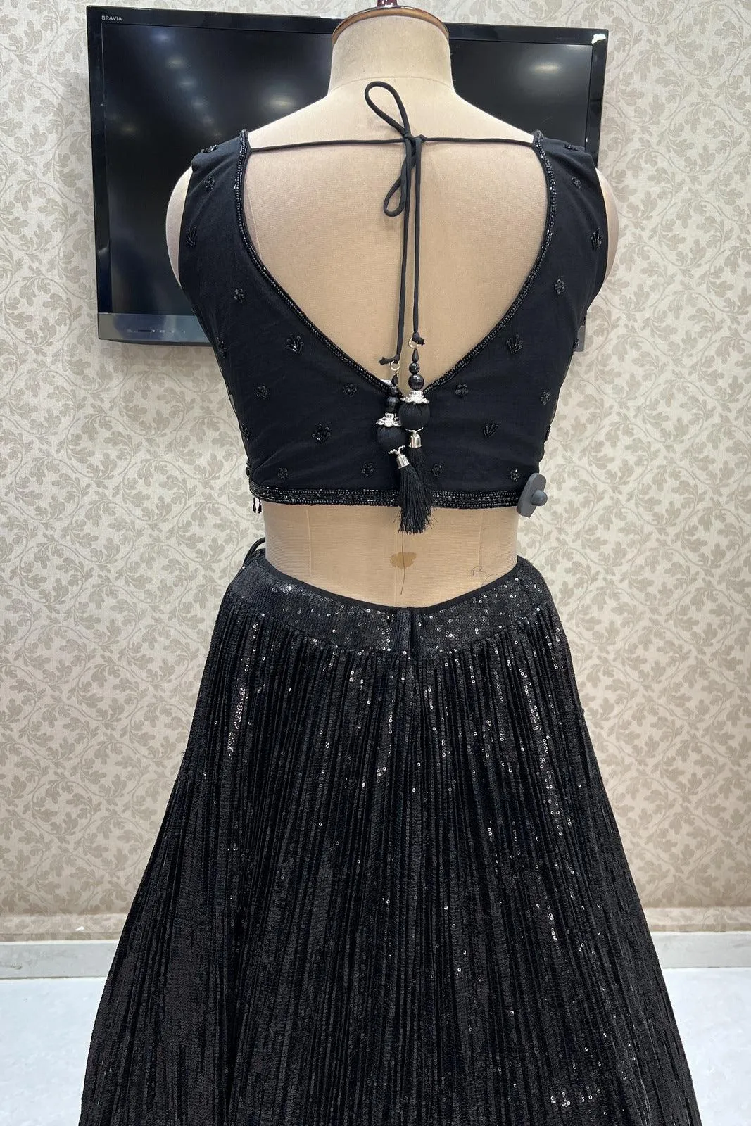 Black Beads and Sequins work Crop Top Lehenga