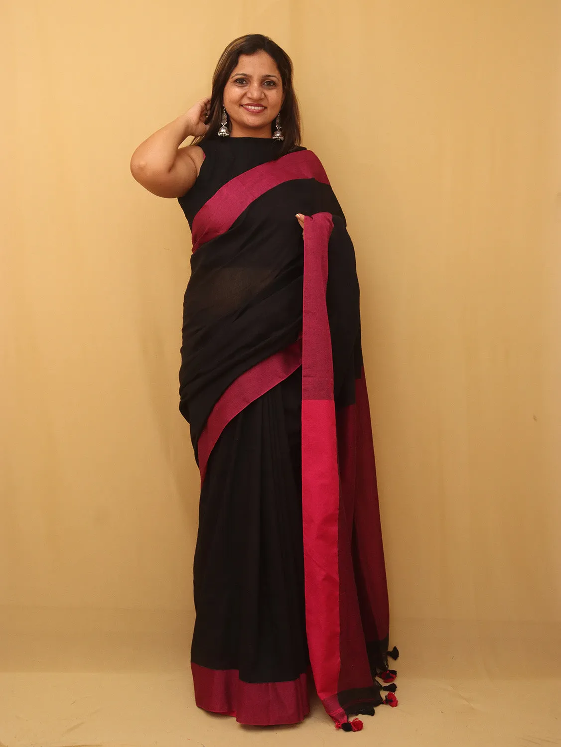 Black Bengal Plain Cotton Saree