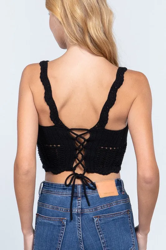 Black Crochet Back Lacing Cami Knit Top