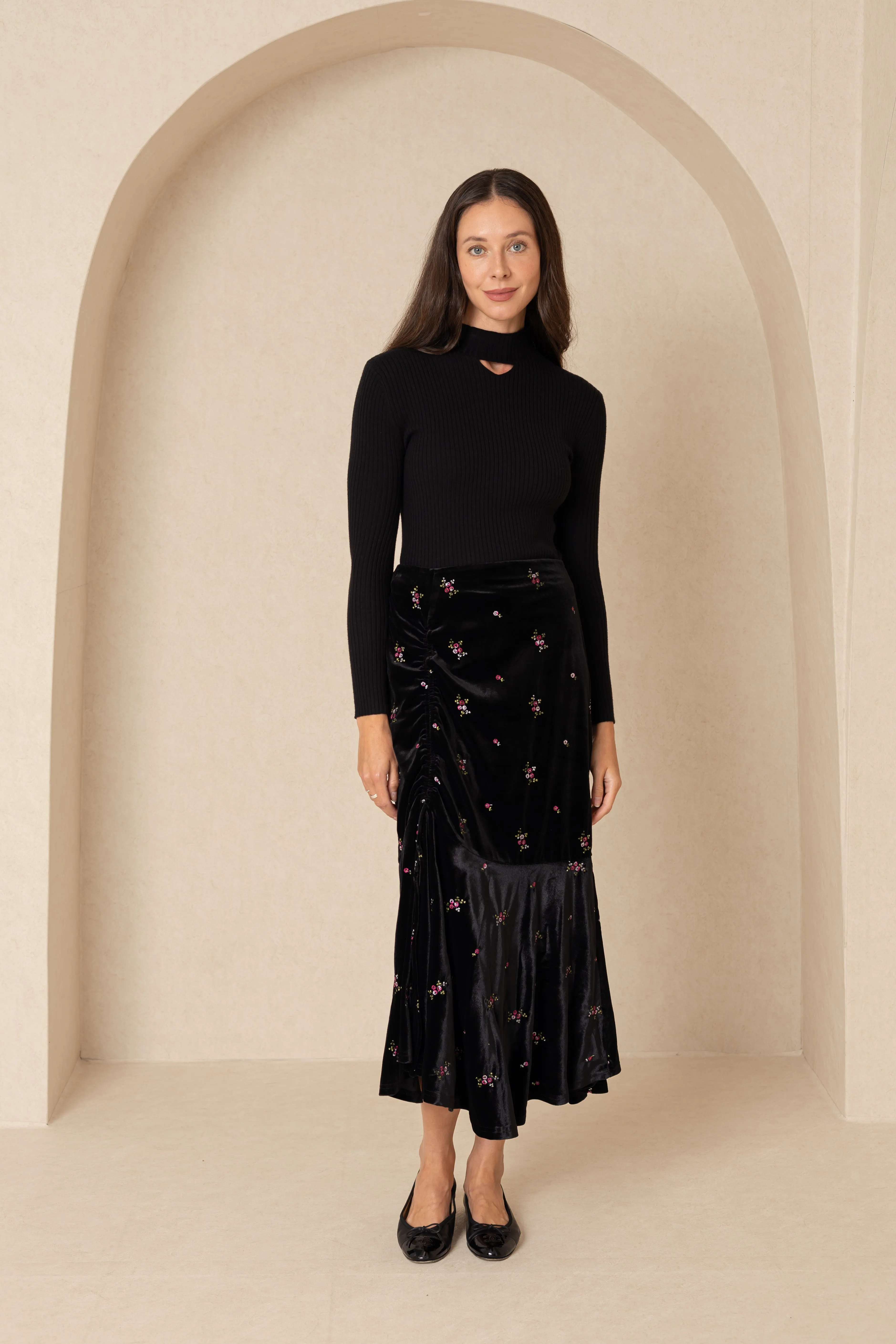 Black Embroidered Floral Velour Skirt