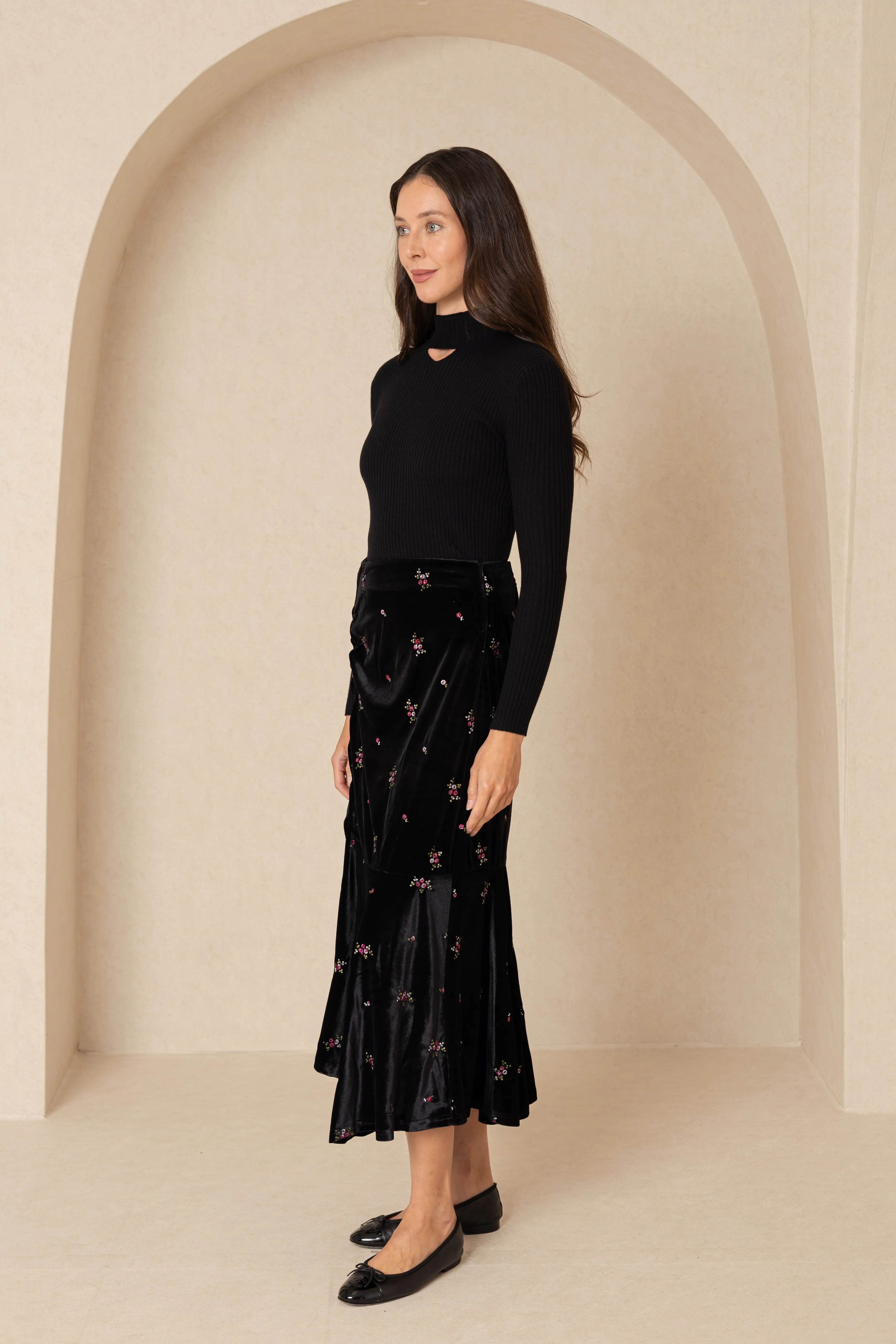 Black Embroidered Floral Velour Skirt