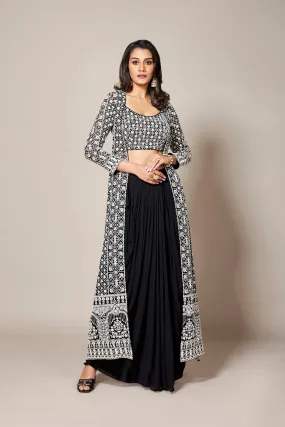 Black Embroidered Swiss Georgette Silk Cape Set