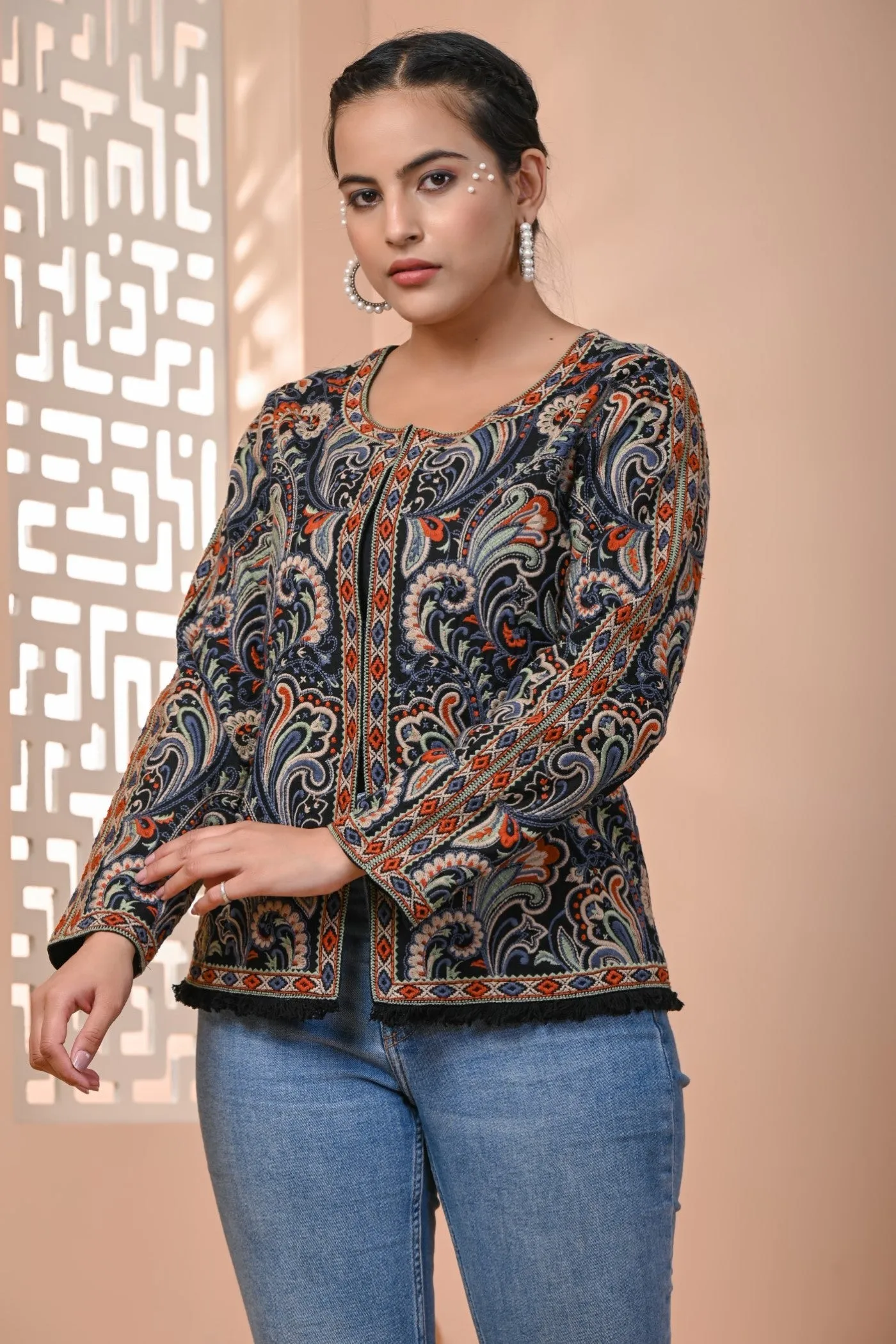 Black Ethnic Embroidered Italian Silk Jacket