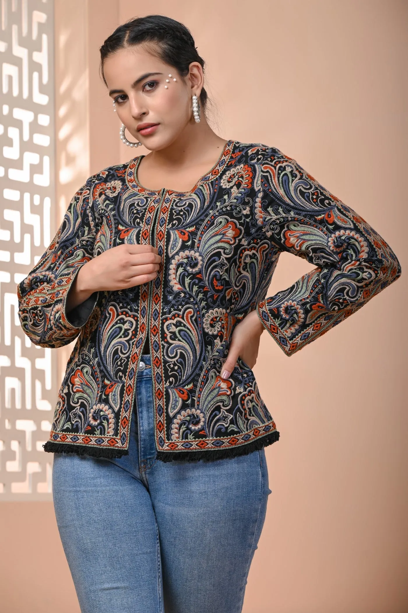 Black Ethnic Embroidered Italian Silk Jacket