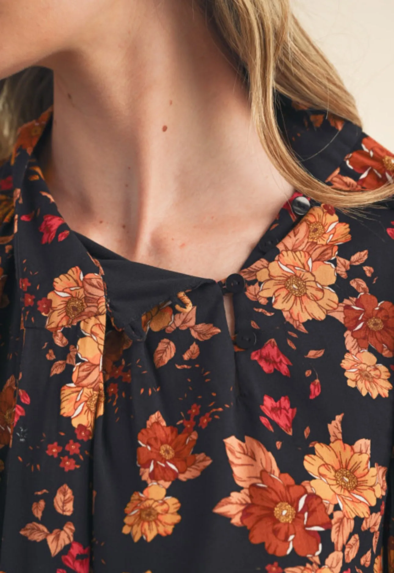 Black Floral Long Sleeve Tie Neck Blouse