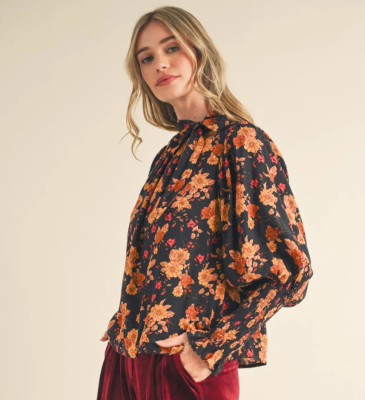 Black Floral Long Sleeve Tie Neck Blouse