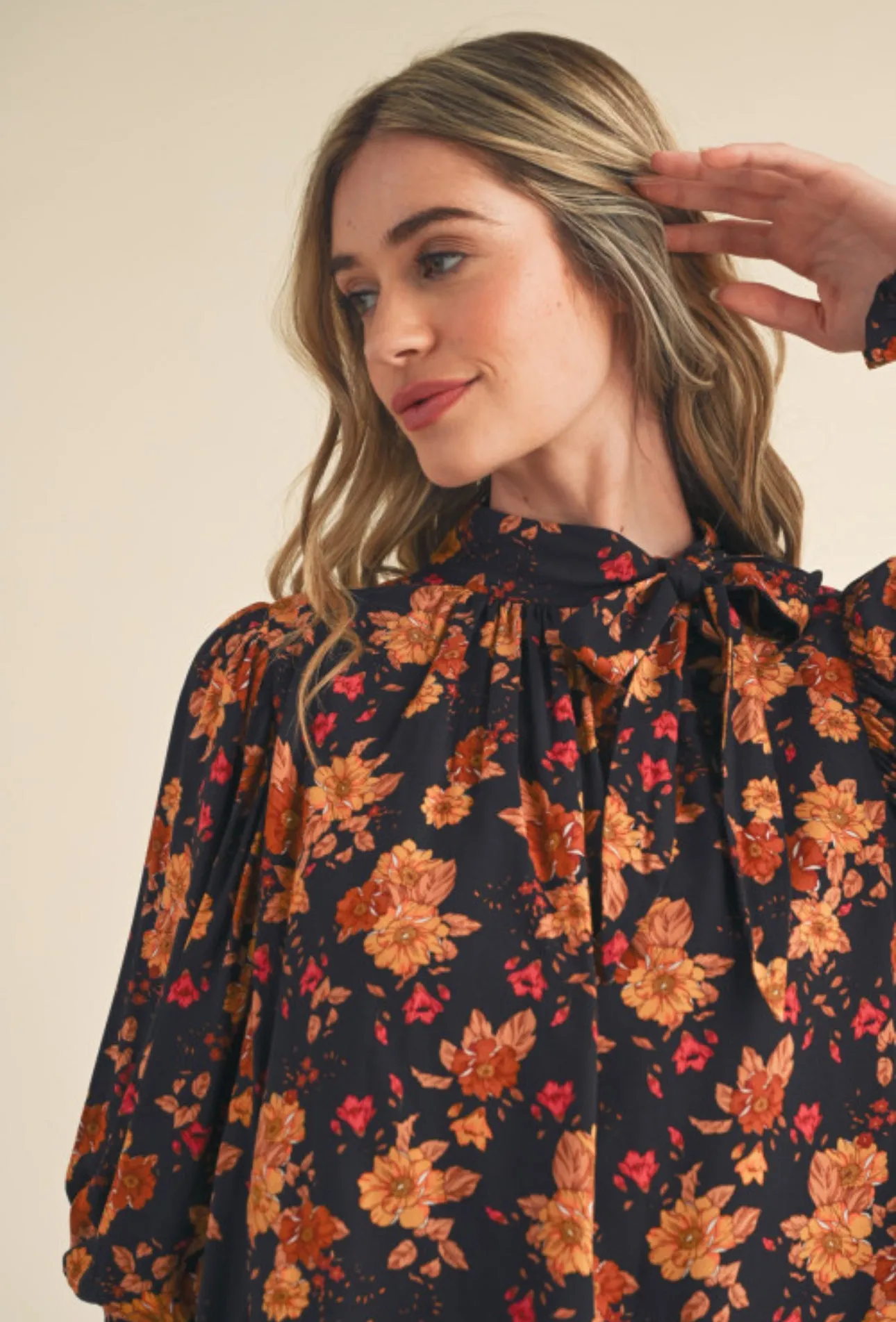 Black Floral Long Sleeve Tie Neck Blouse