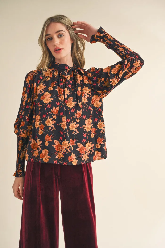 Black Floral Long Sleeve Tie Neck Blouse