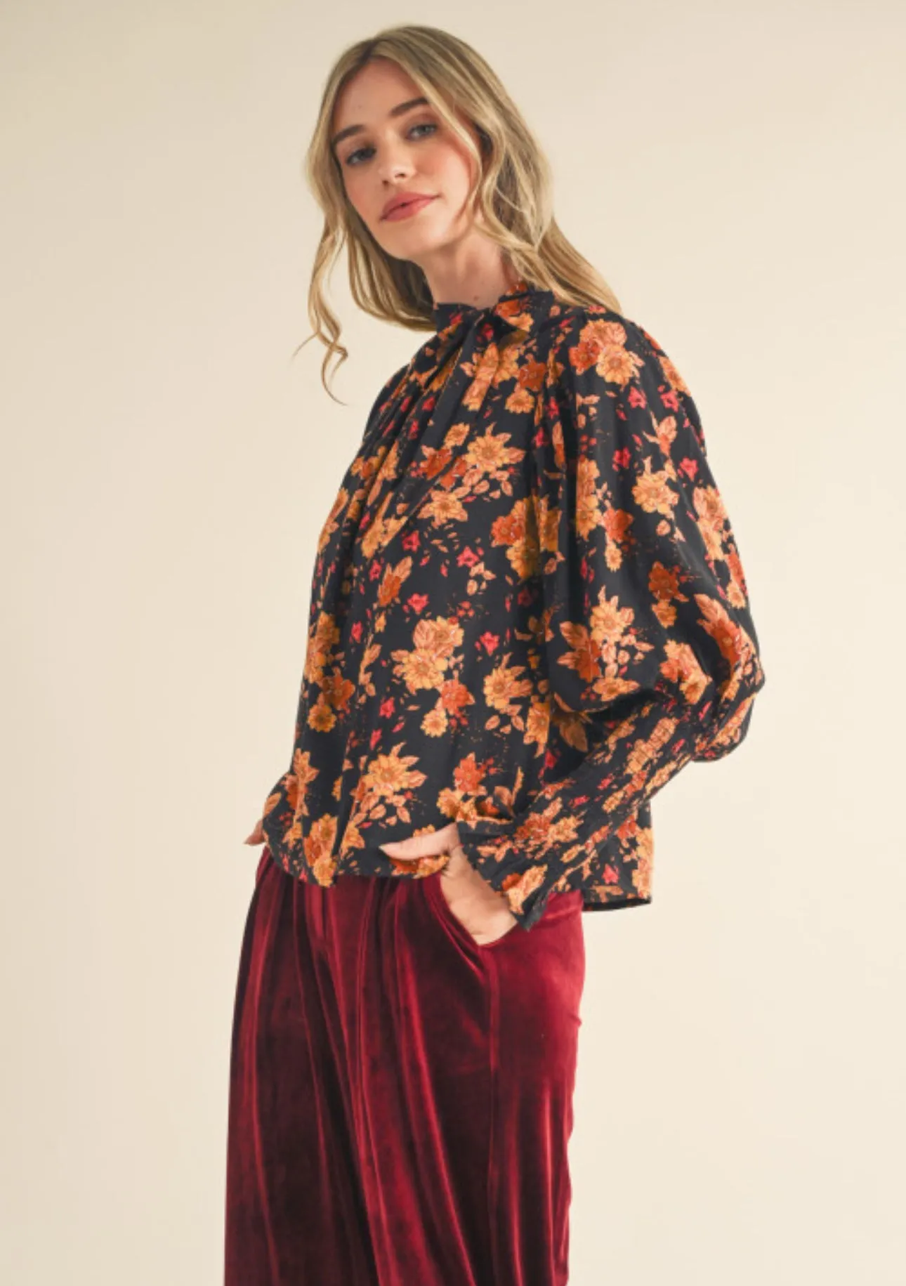 Black Floral Long Sleeve Tie Neck Blouse