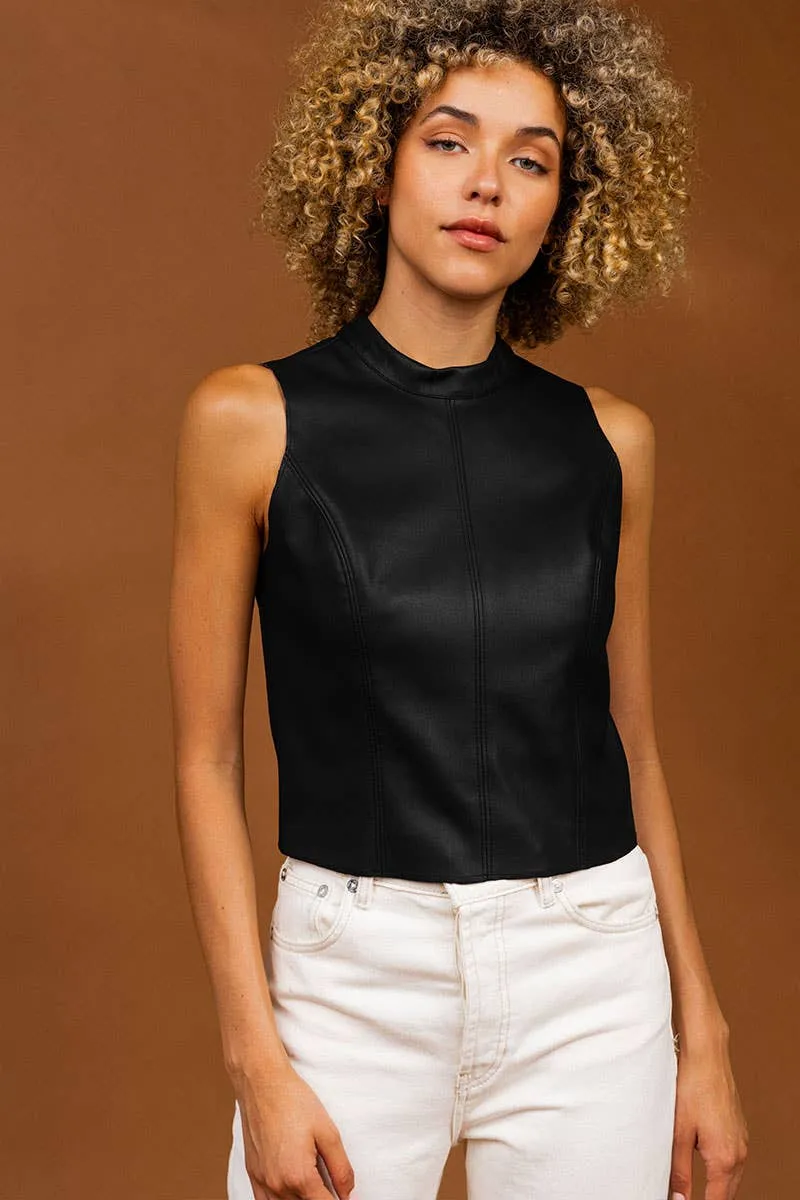 Black Mock Neck Vegan Leather Tank