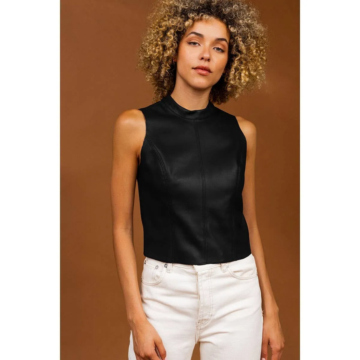 Black Mock Neck Vegan Leather Tank