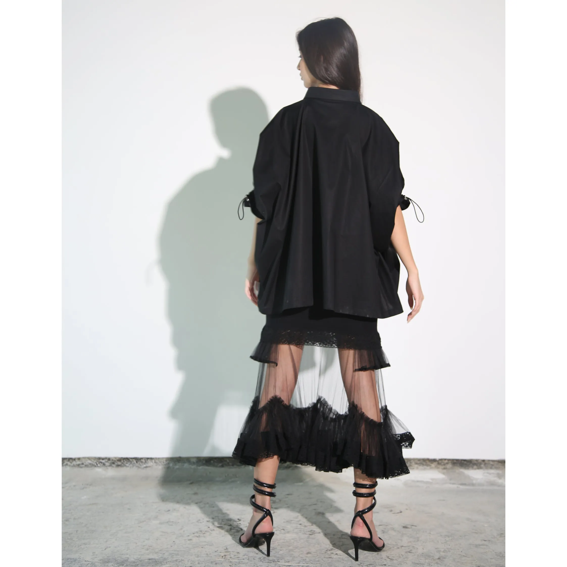 Black Modal Jersey Skirt with Tulle & Lace Ruffle