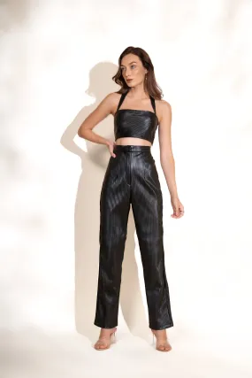 Black Pleated Leather Crop Top and Pants Co-ord Set