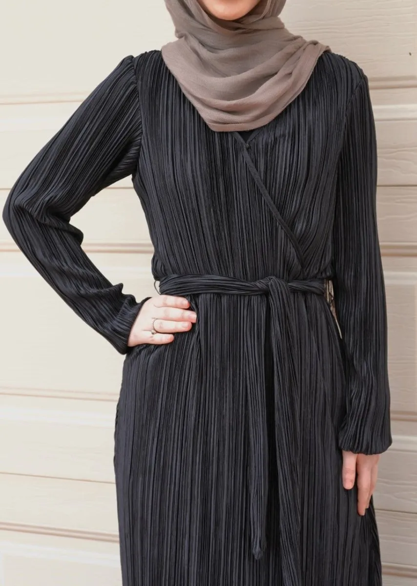 Black Pleated Wrap Dress