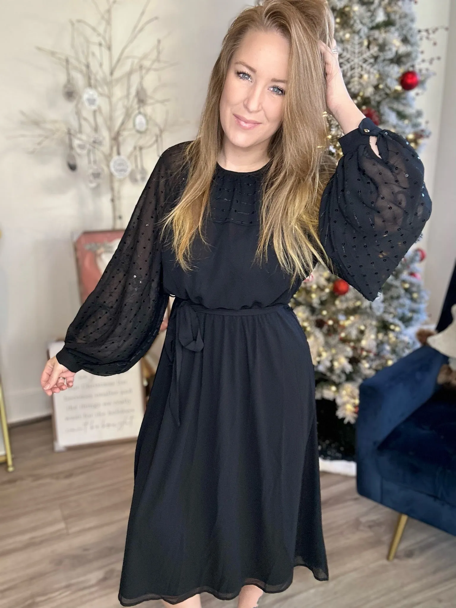 Black Sequin Tie Waist Dress