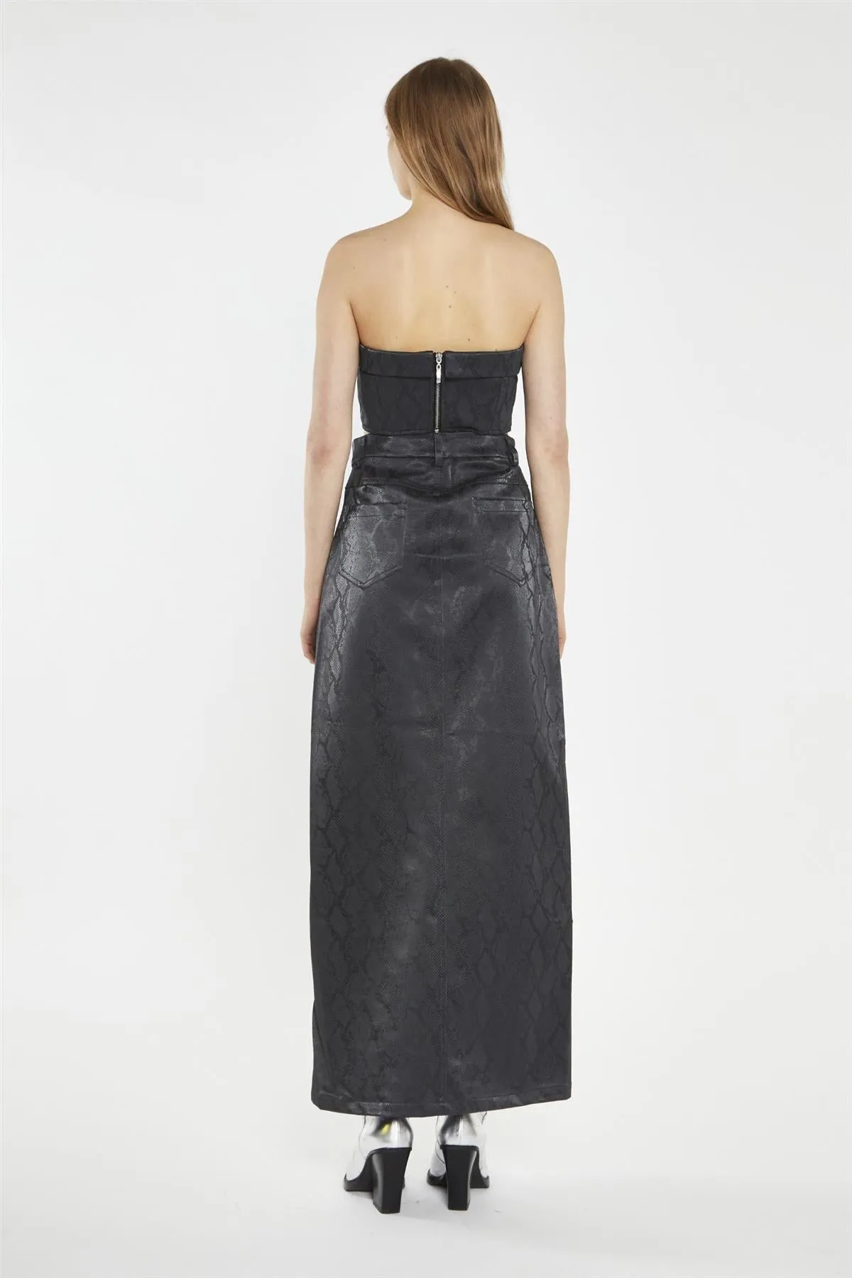 Black-Snake PU Centre-Split Midi-Skirt