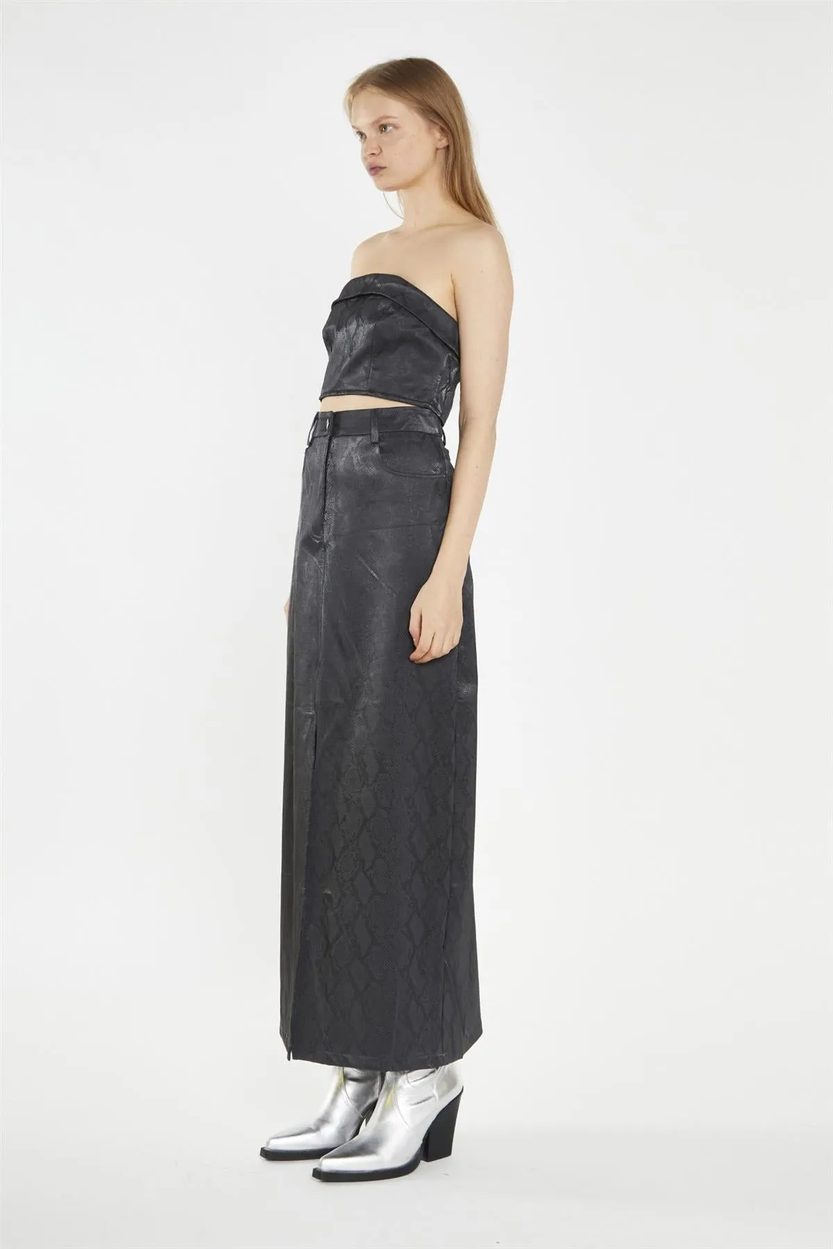 Black-Snake PU Centre-Split Midi-Skirt