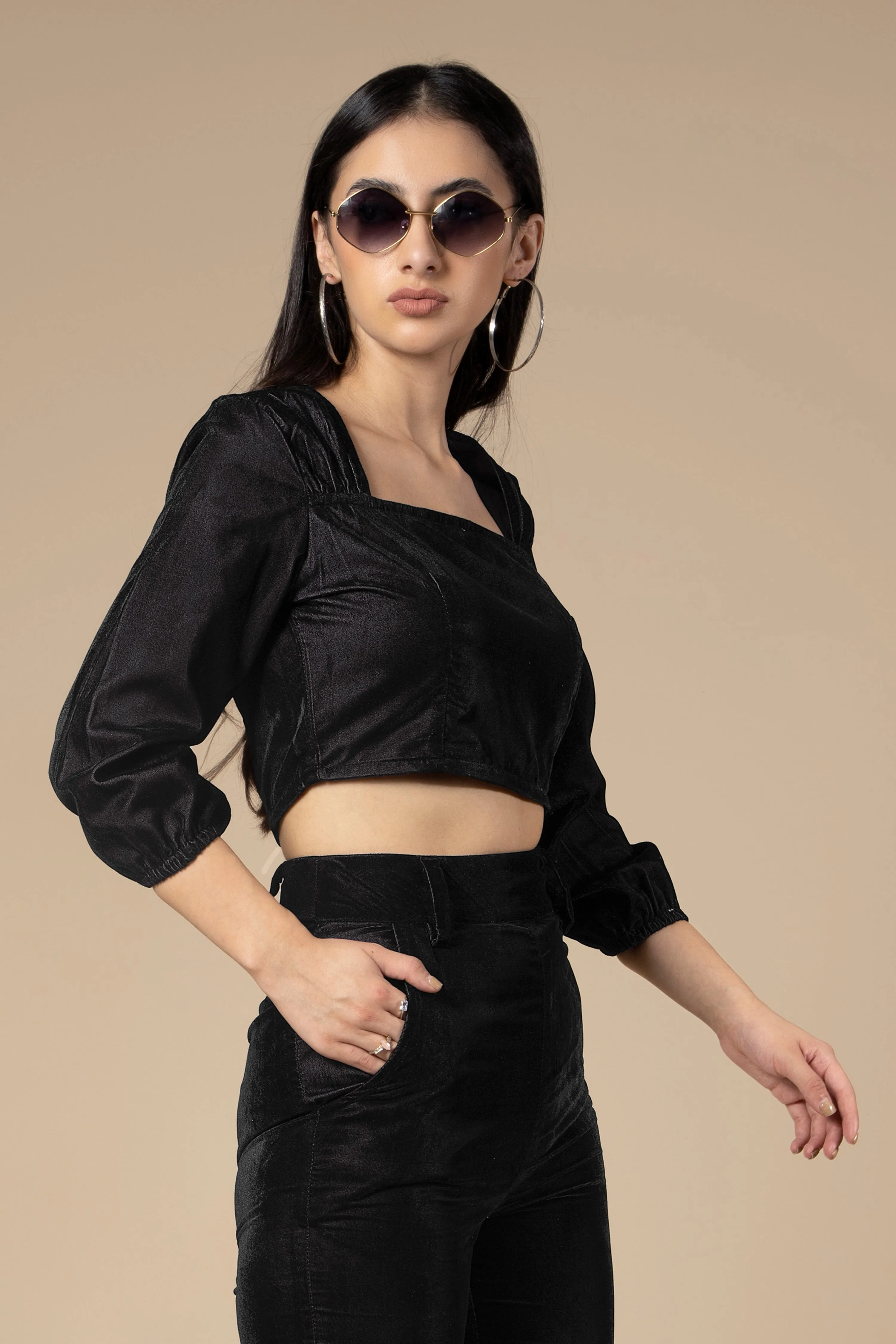 Black Square Neck Velvet  Crop Top For Women