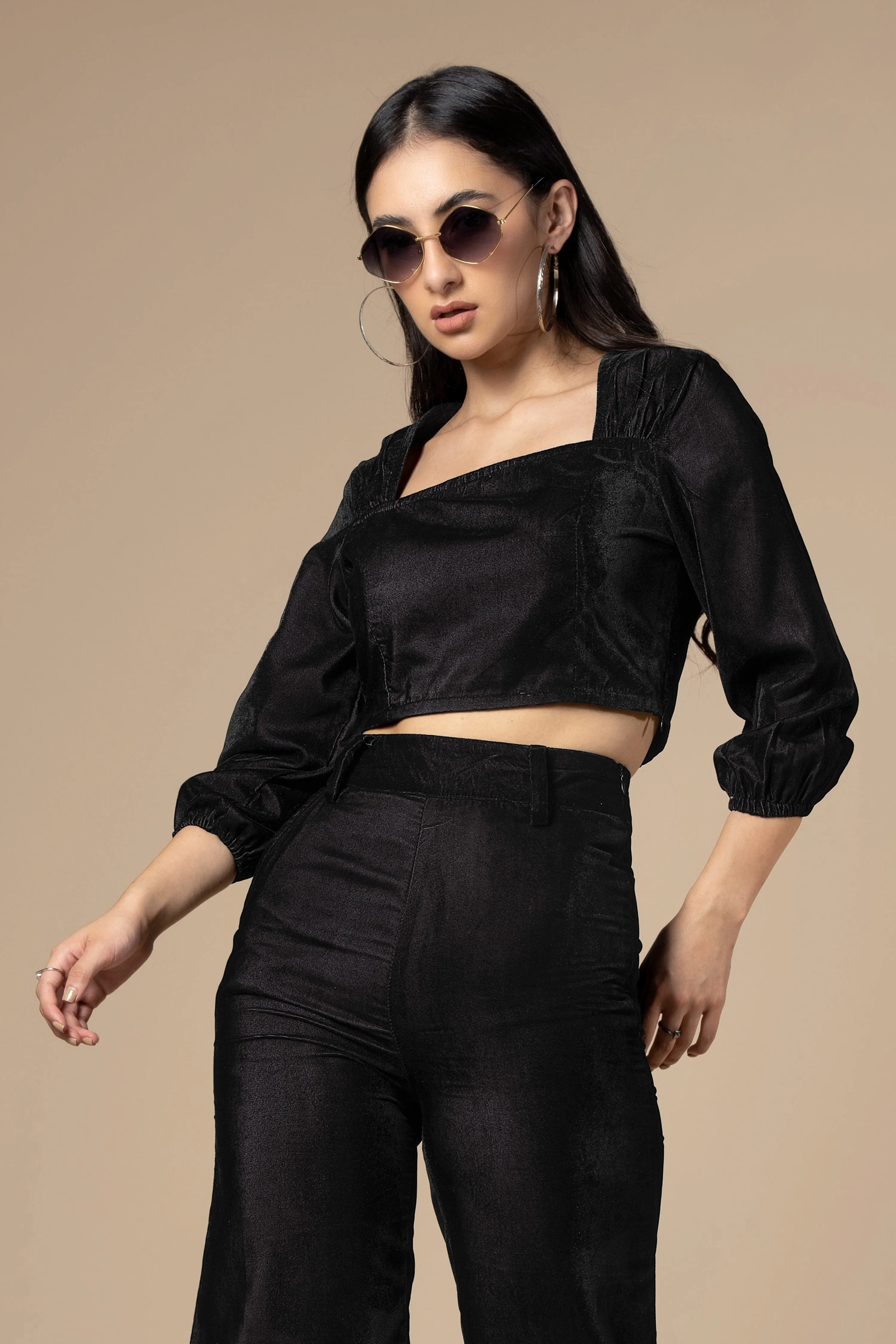 Black Square Neck Velvet  Crop Top For Women