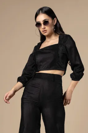 Black Square Neck Velvet  Crop Top For Women