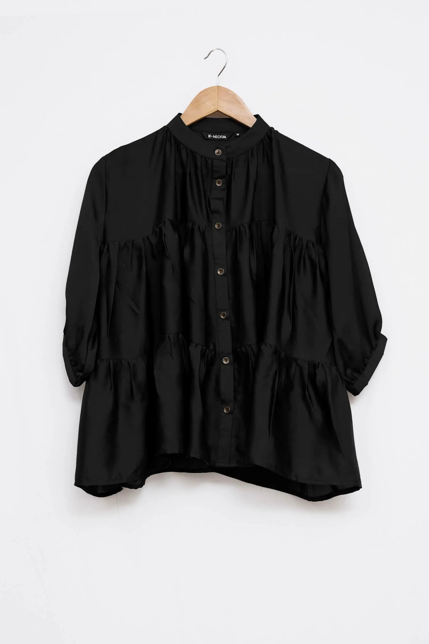 Black Two Tiered Gathered Detail Casual Shirt