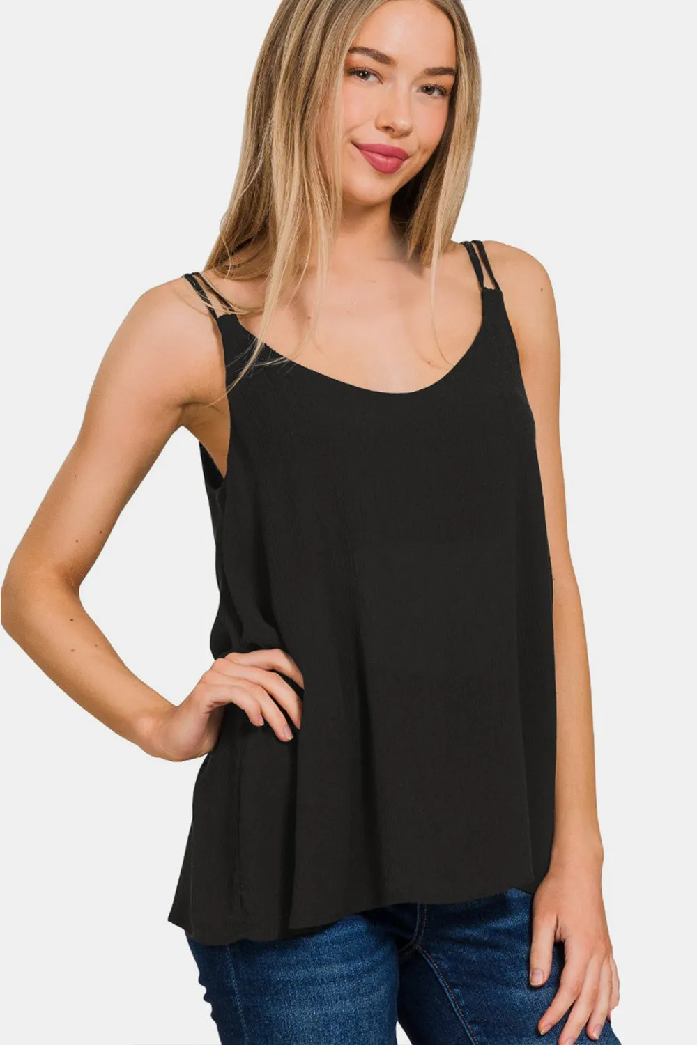 Black Woven Double Spaghetti Strap V-Neck Cami