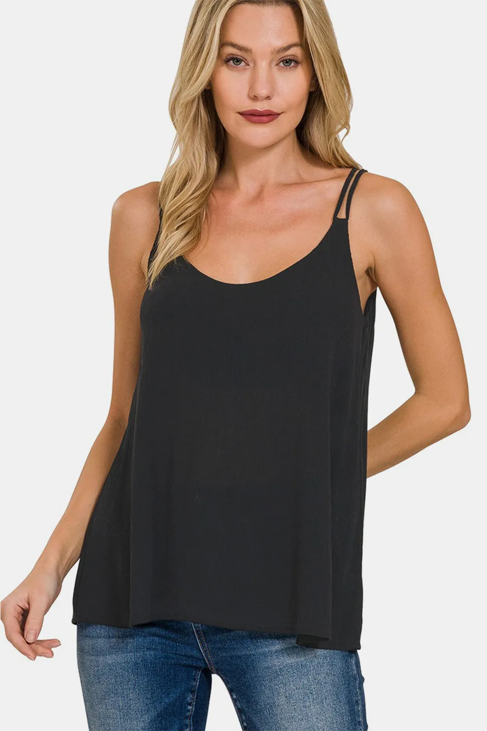 Black Woven Double Spaghetti Strap V-Neck Cami