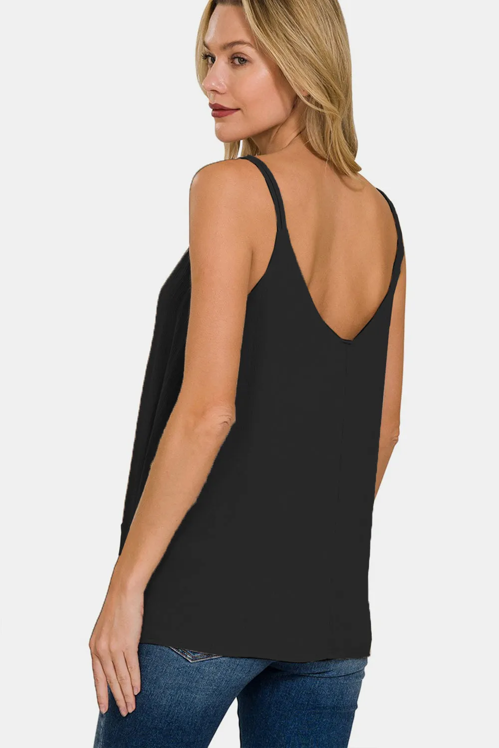 Black Woven Double Spaghetti Strap V-Neck Cami