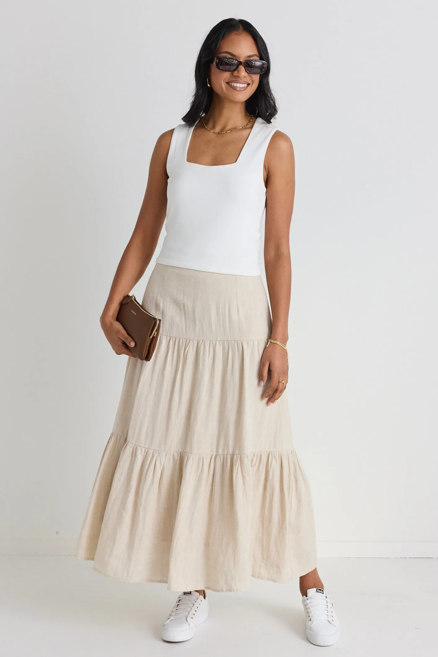 Blazing Sand Tiered Linen Midi Skirt