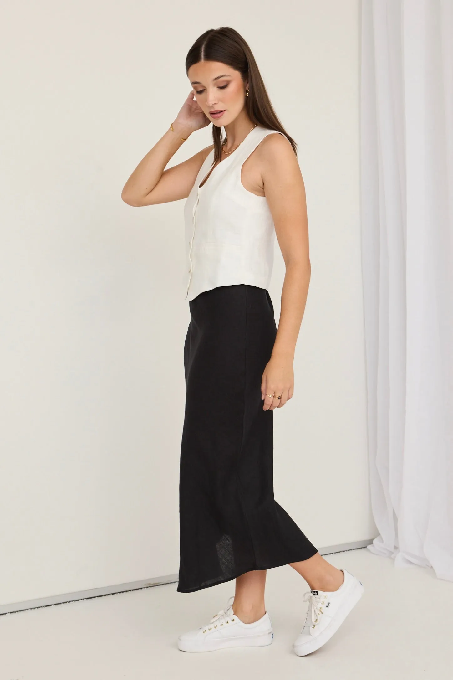 Bliss Black Linen Bias Midi Skirt