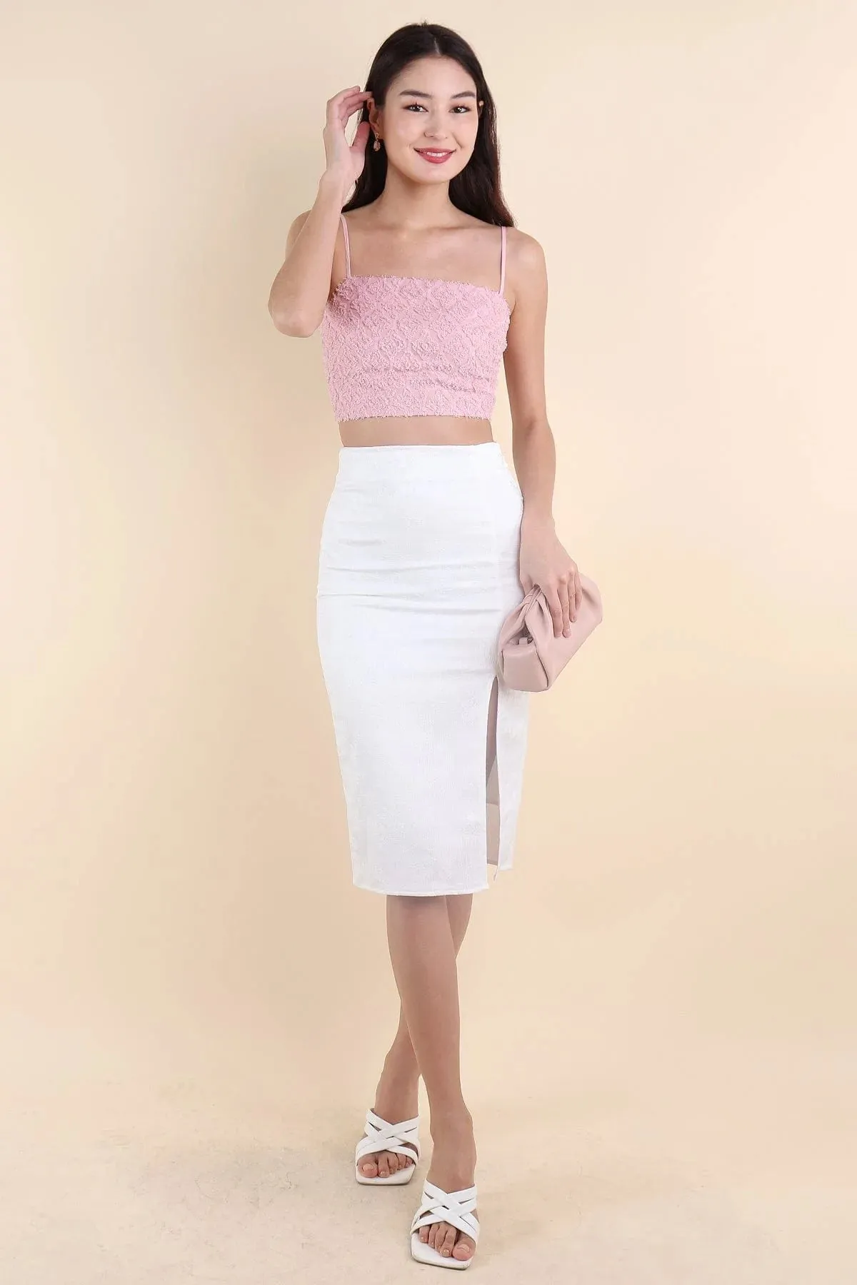 BLOSSOM EMBOSSED MIDI SKIRT IN WHITE