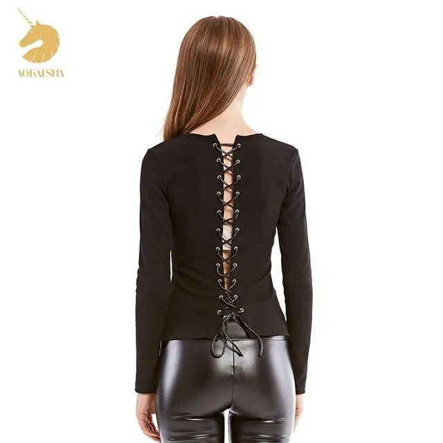 Blouses & Shirts Autumn Female Black Color O-neck Long Sleeve T-Shirt Slim Sexy Backless Back Women Oukytha S15079