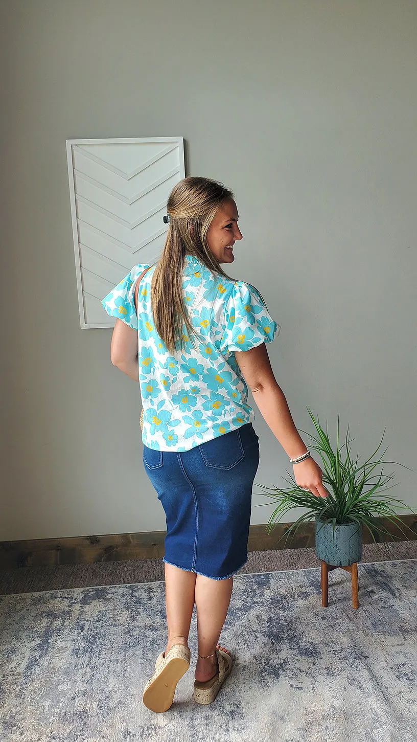 Blue Floral Puff Sleeve Top