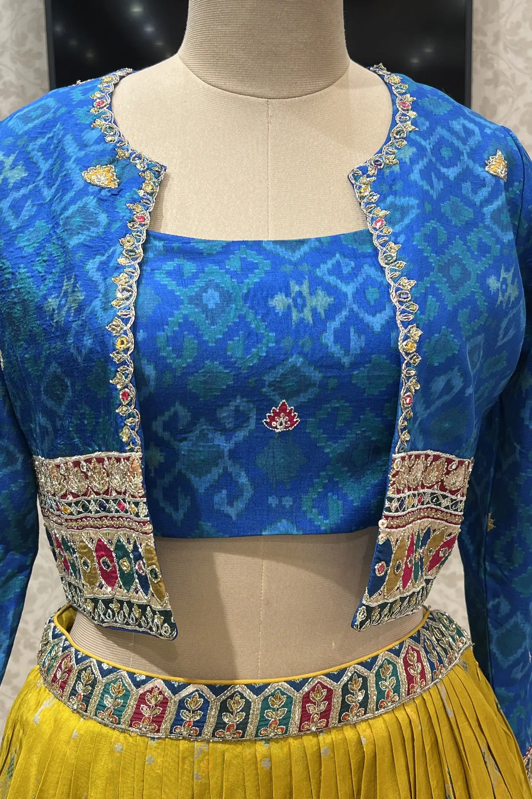 Blue with Yellow Sequins, Beads, Zardozi and Mirror work Jacket Styled Crop Top Lehenga